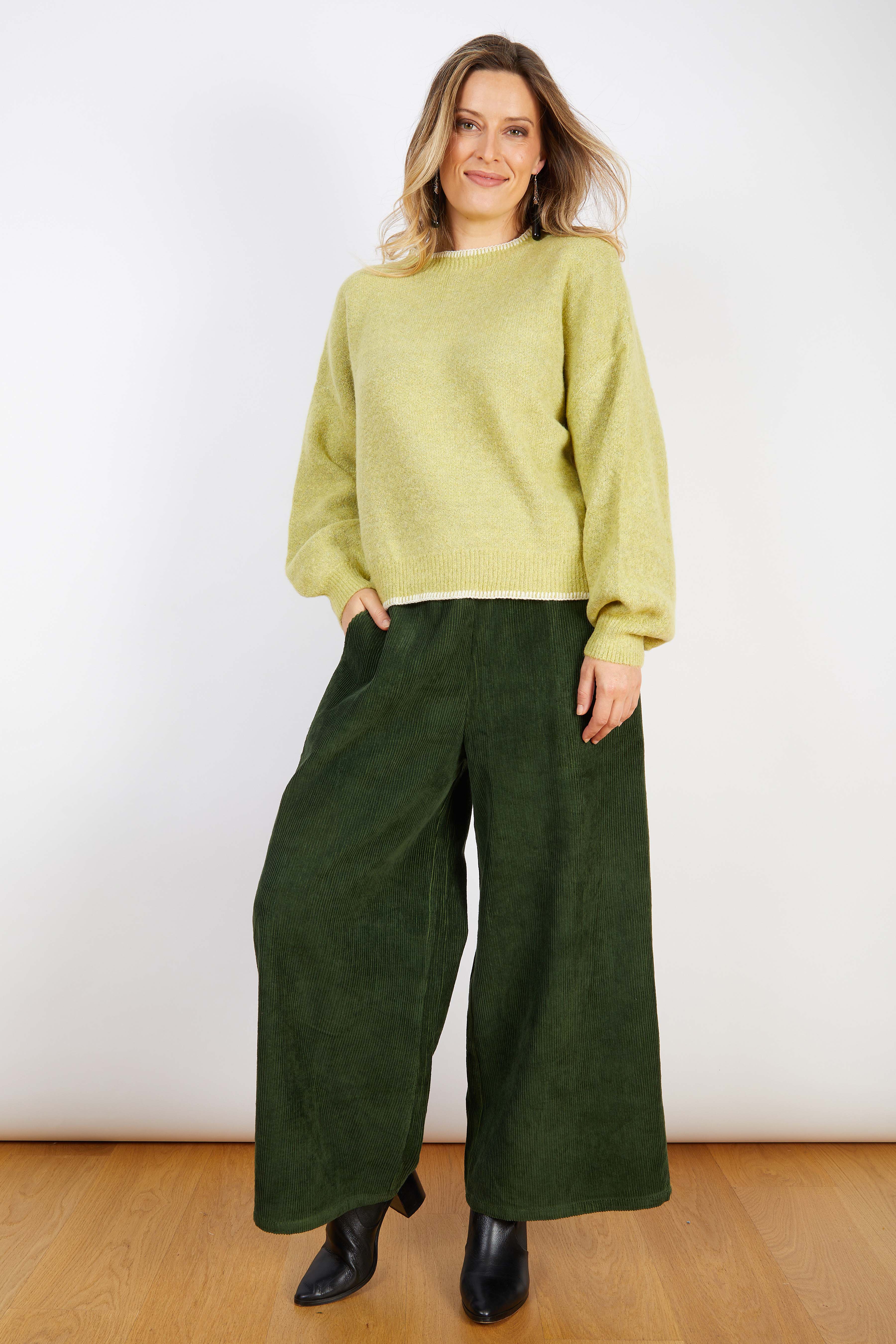 WOOL BLEND KNIT WITH CROSS STITCH TRIMS YELLOW