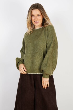 WOOL BLEND KNIT WITH CROSS STITCH TRIMS FOREST GREEN