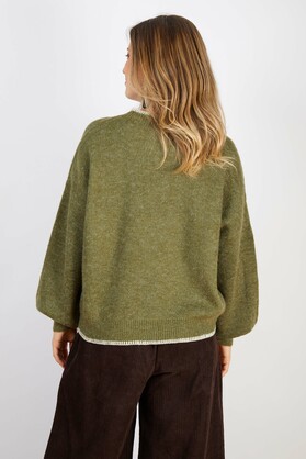 WOOL BLEND KNIT WITH CROSS STITCH TRIMS FOREST GREEN
