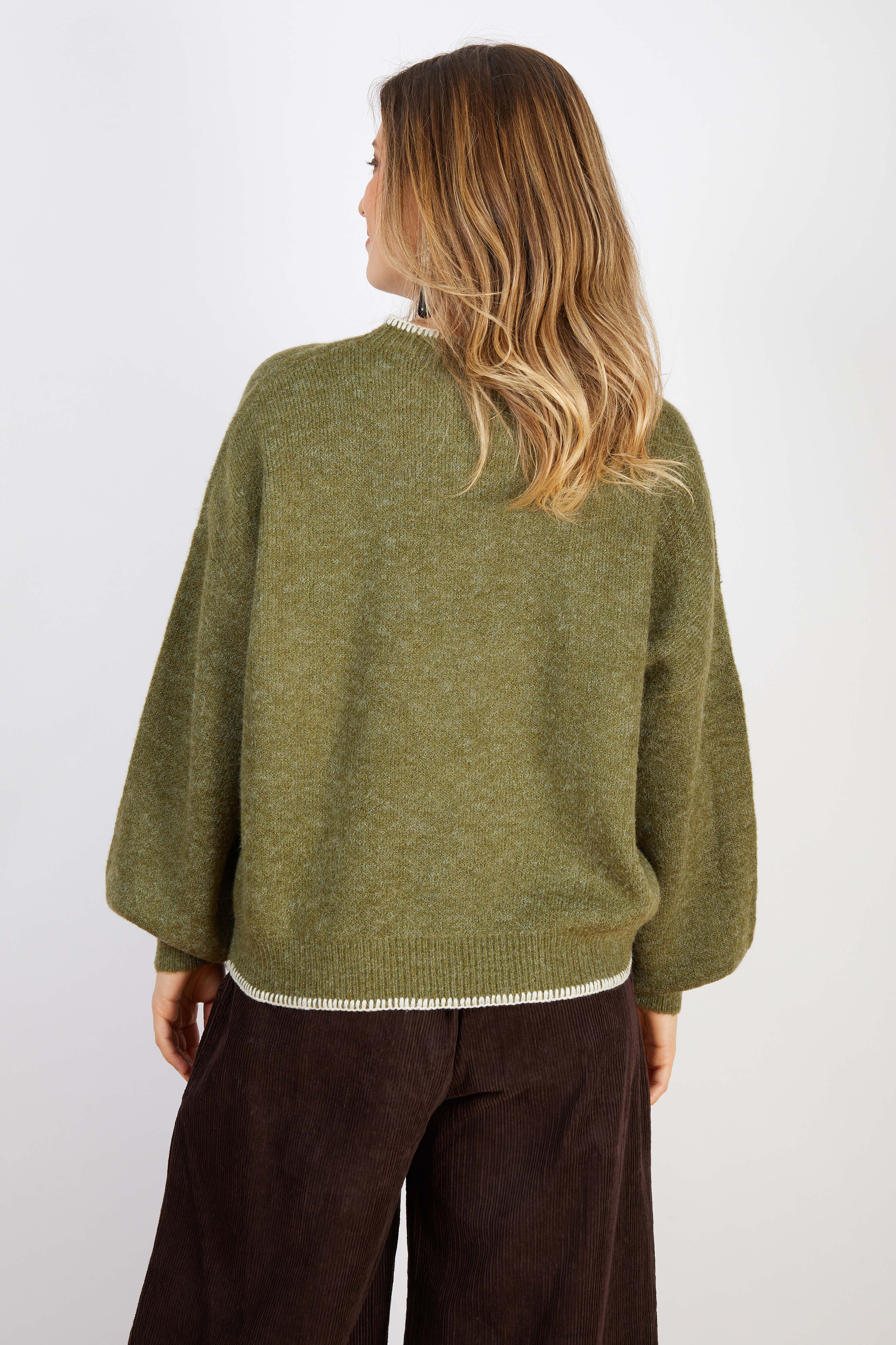 WOOL BLEND KNIT WITH CROSS STITCH TRIMS FOREST GREEN