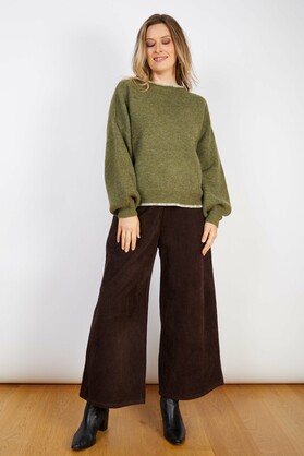WOOL BLEND KNIT WITH CROSS STITCH TRIMS FOREST GREEN