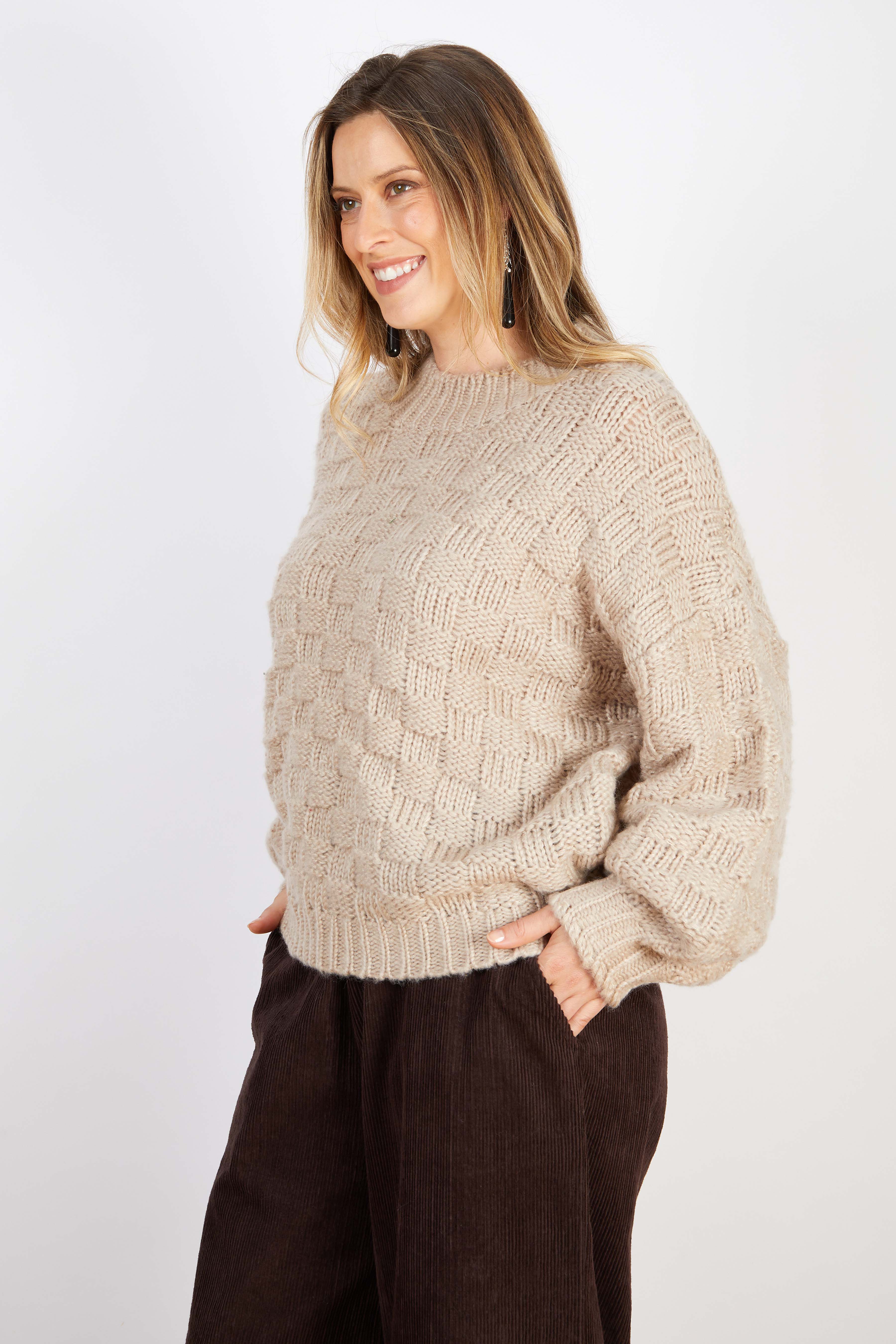 WOOL BLEND BASKETWEAVE KNIT BEIGE