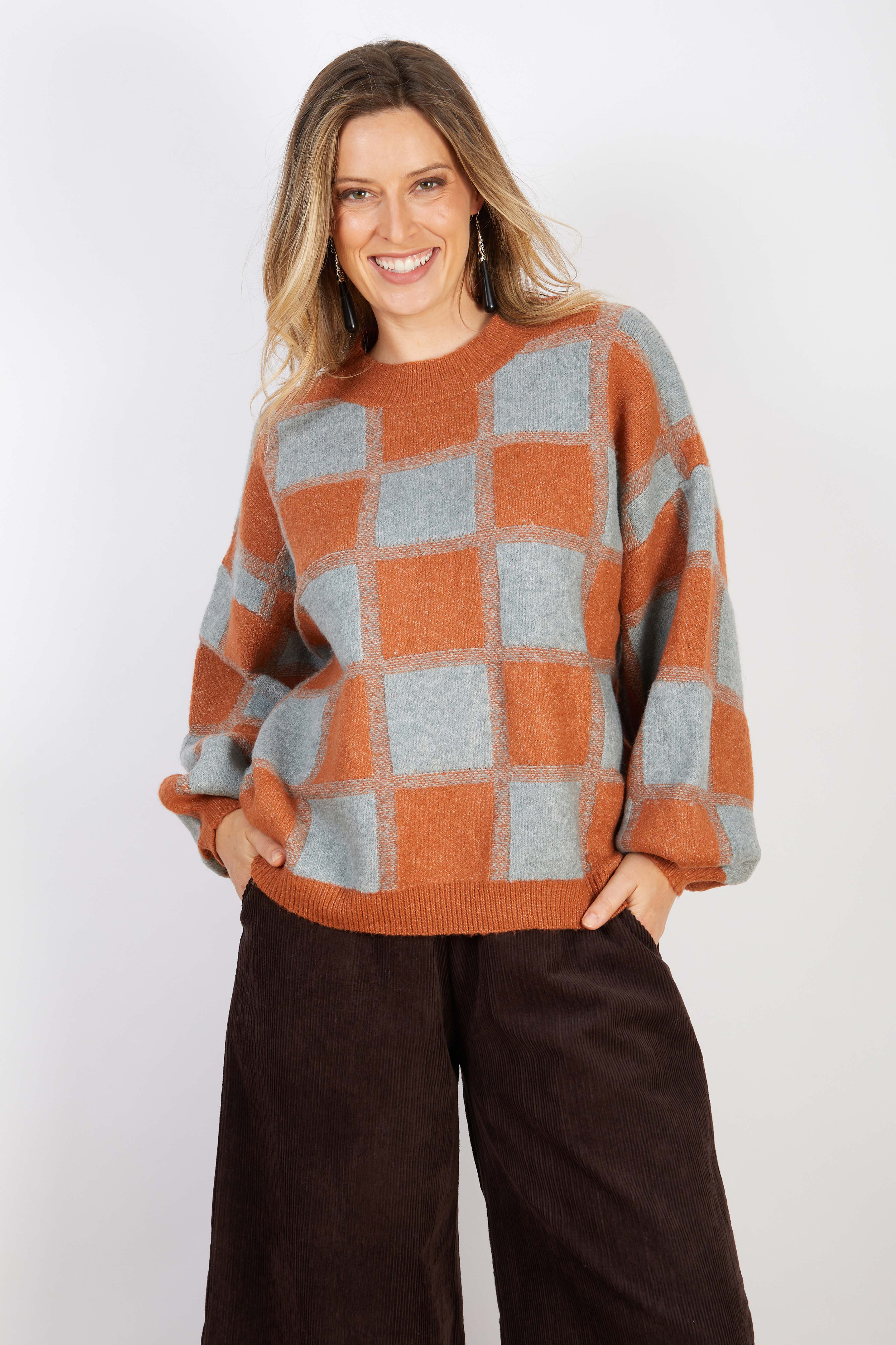 WOOL BLEND KNIT RUST CHECKS