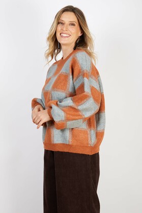 WOOL BLEND KNIT RUST CHECKS