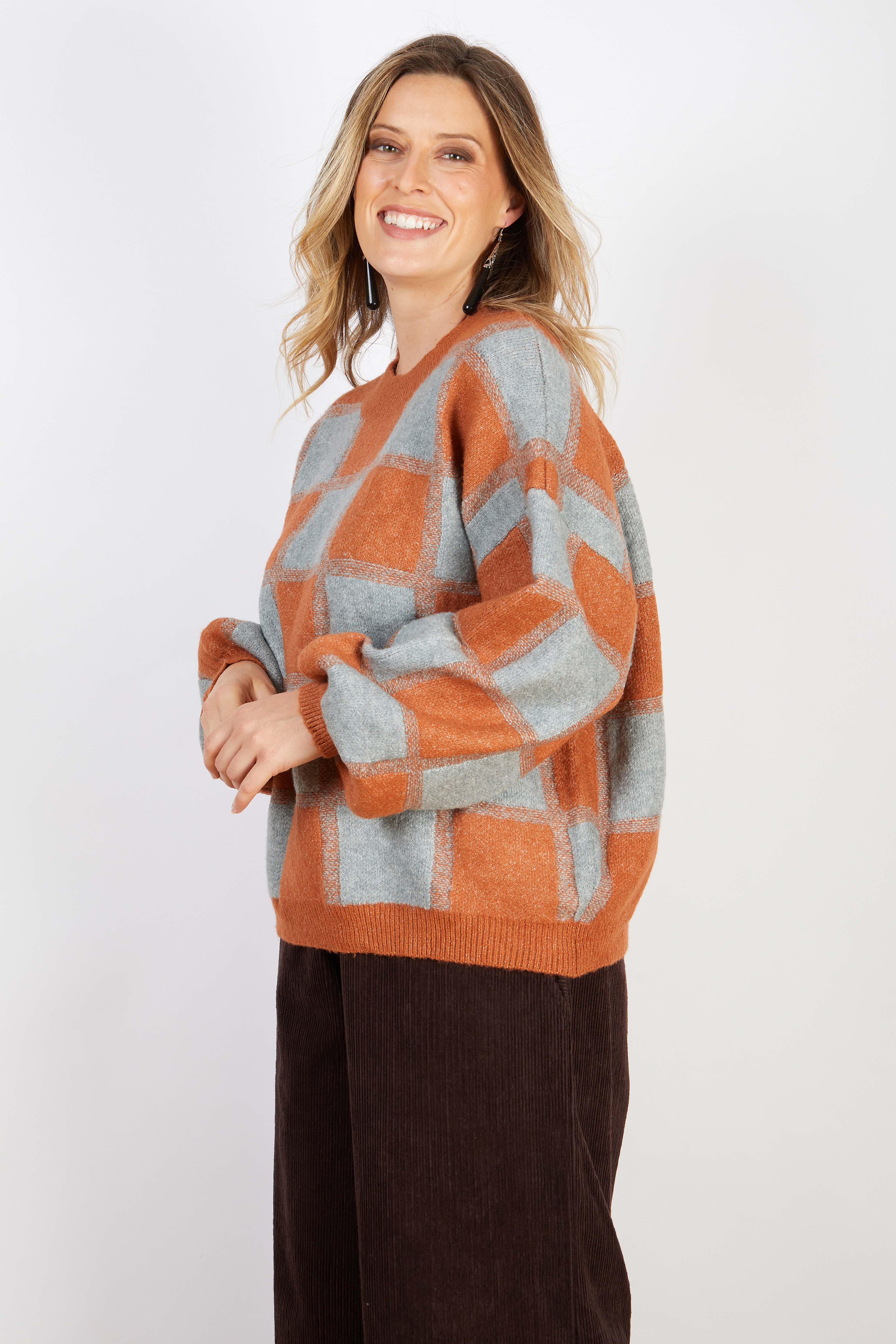 WOOL BLEND KNIT RUST CHECKS