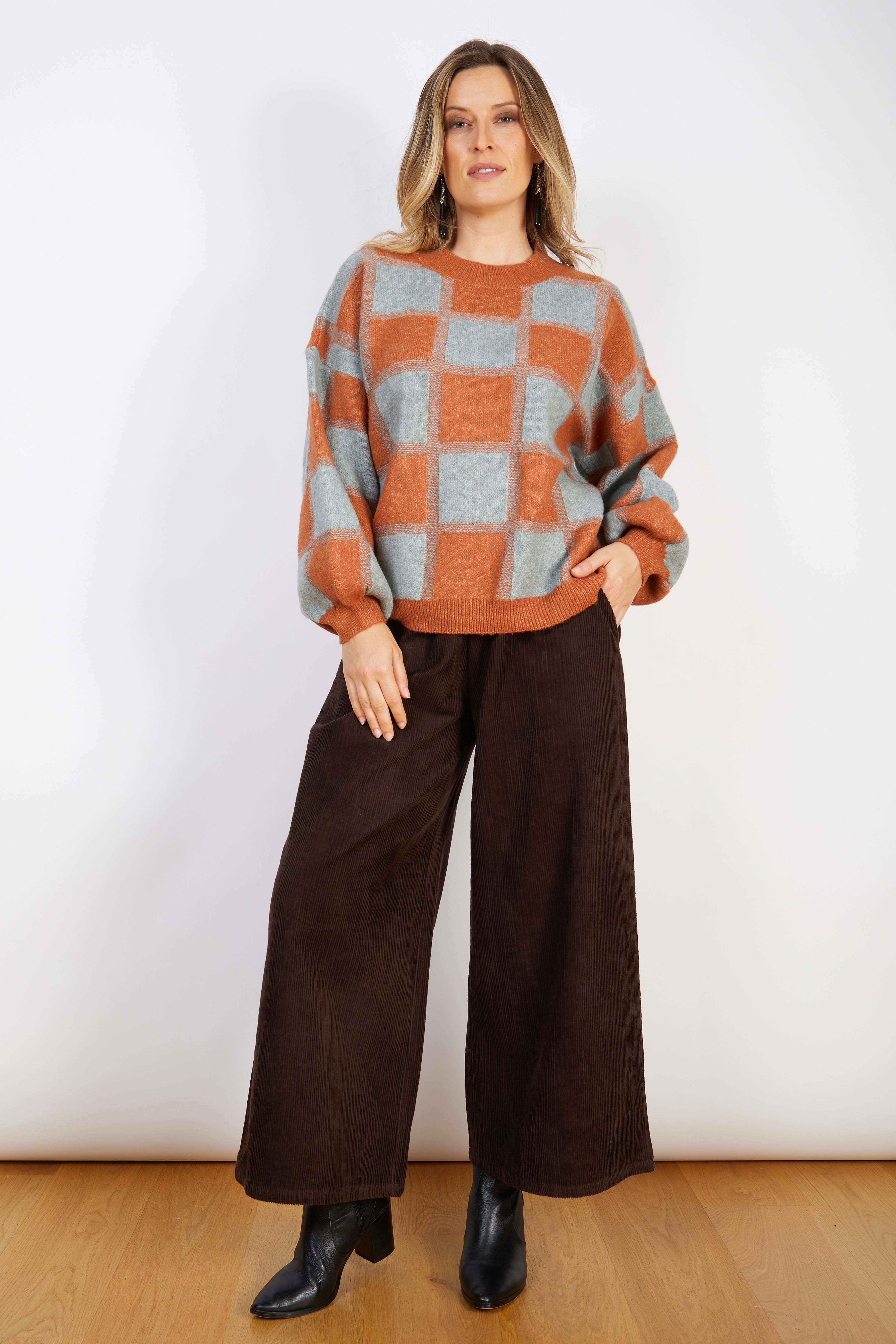 WOOL BLEND KNIT RUST CHECKS
