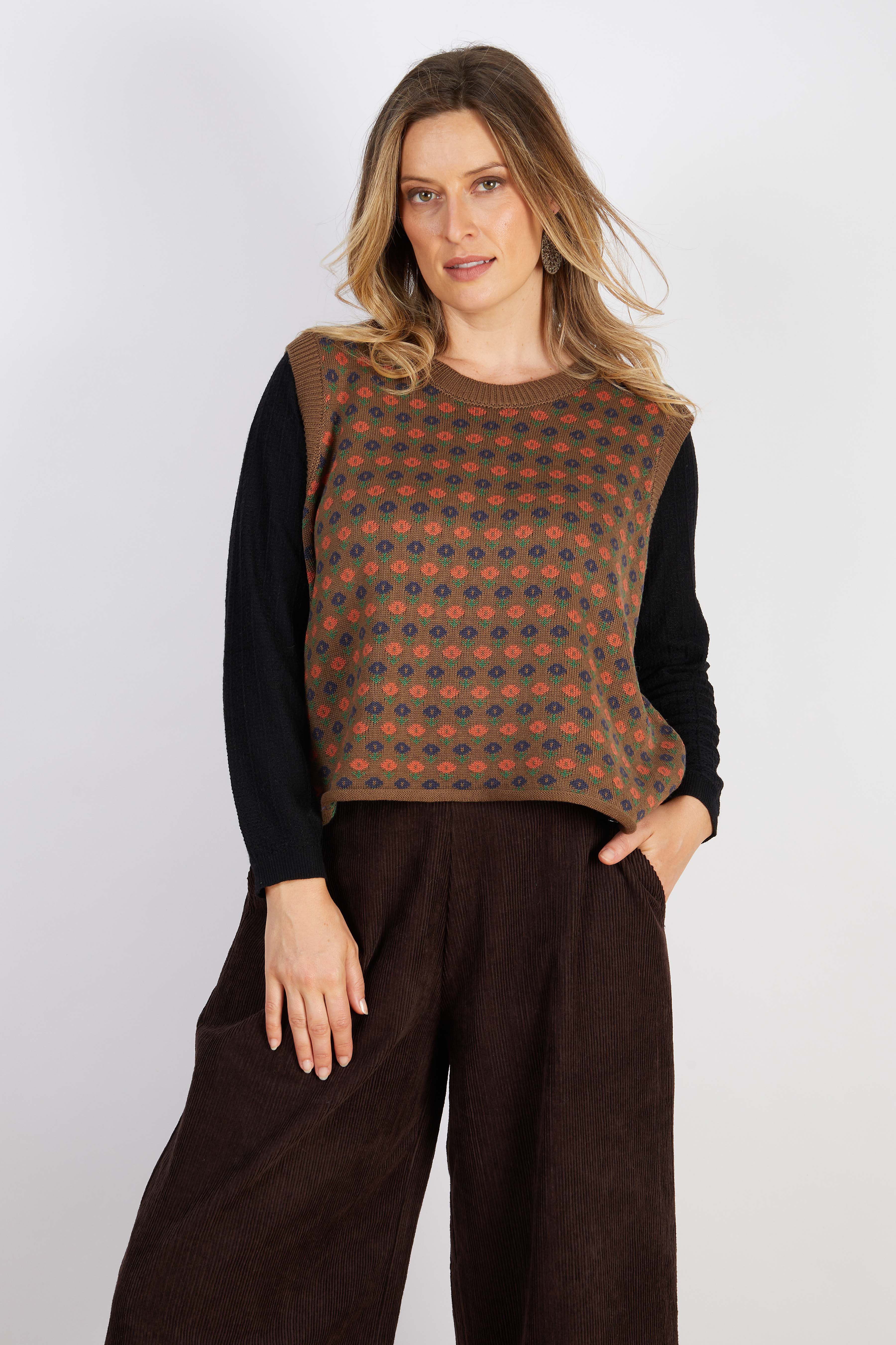 WOOL BLEND VEST BROWN ORANGE