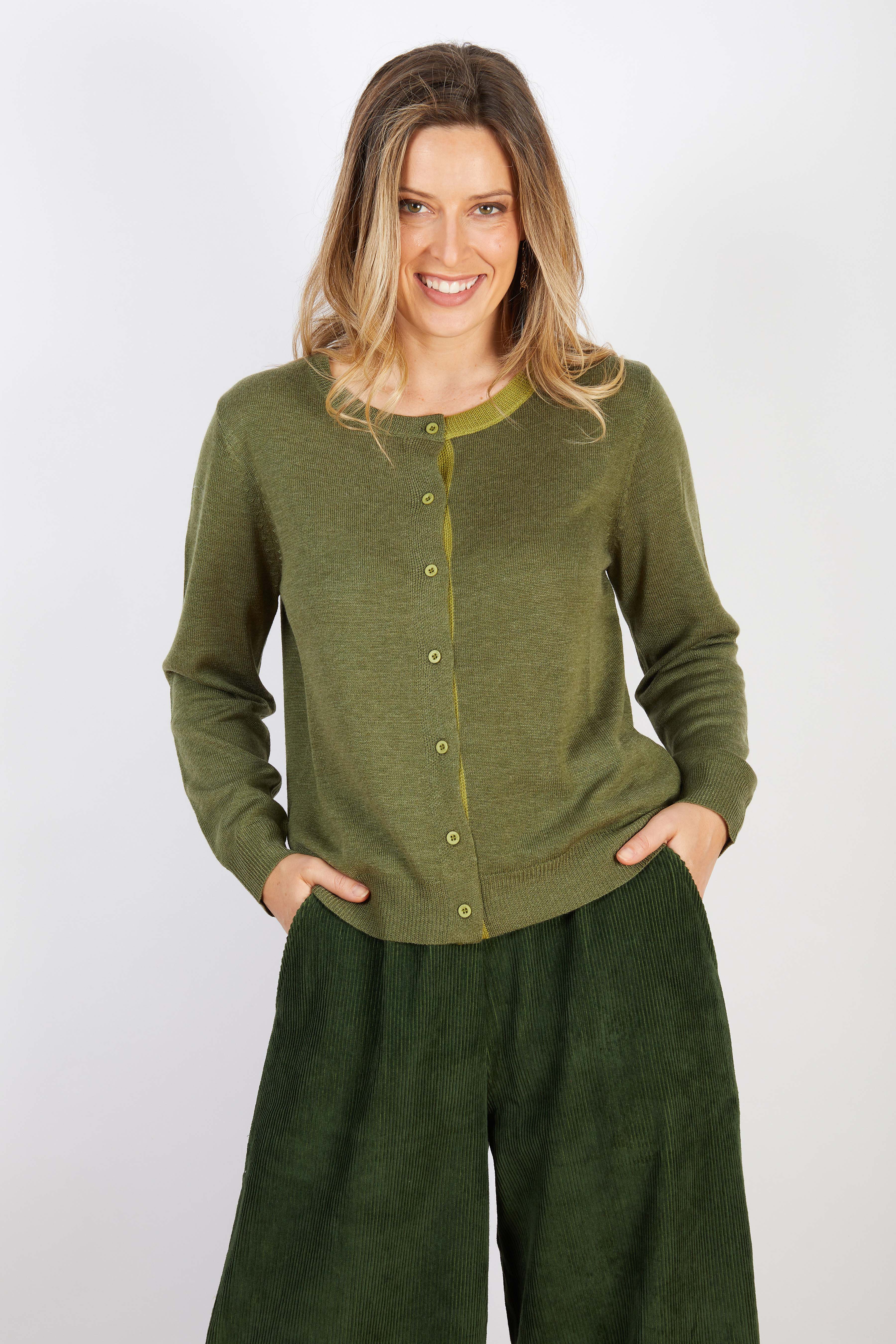 COTTON BLEND CARDIGAN FOREST GREEN WITH LIGHT GREEN TRIM