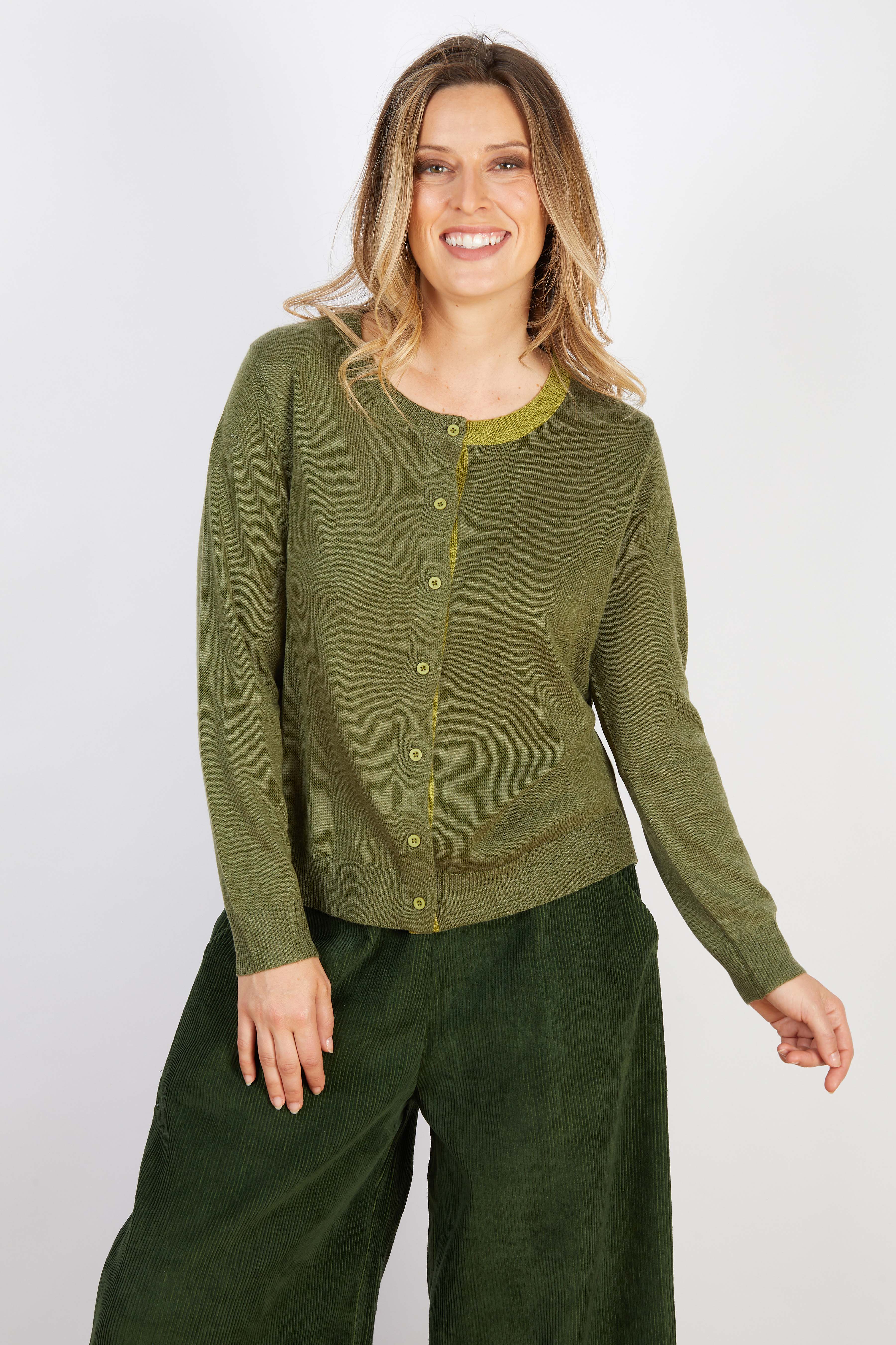 COTTON BLEND CARDIGAN FOREST GREEN WITH LIGHT GREEN TRIM