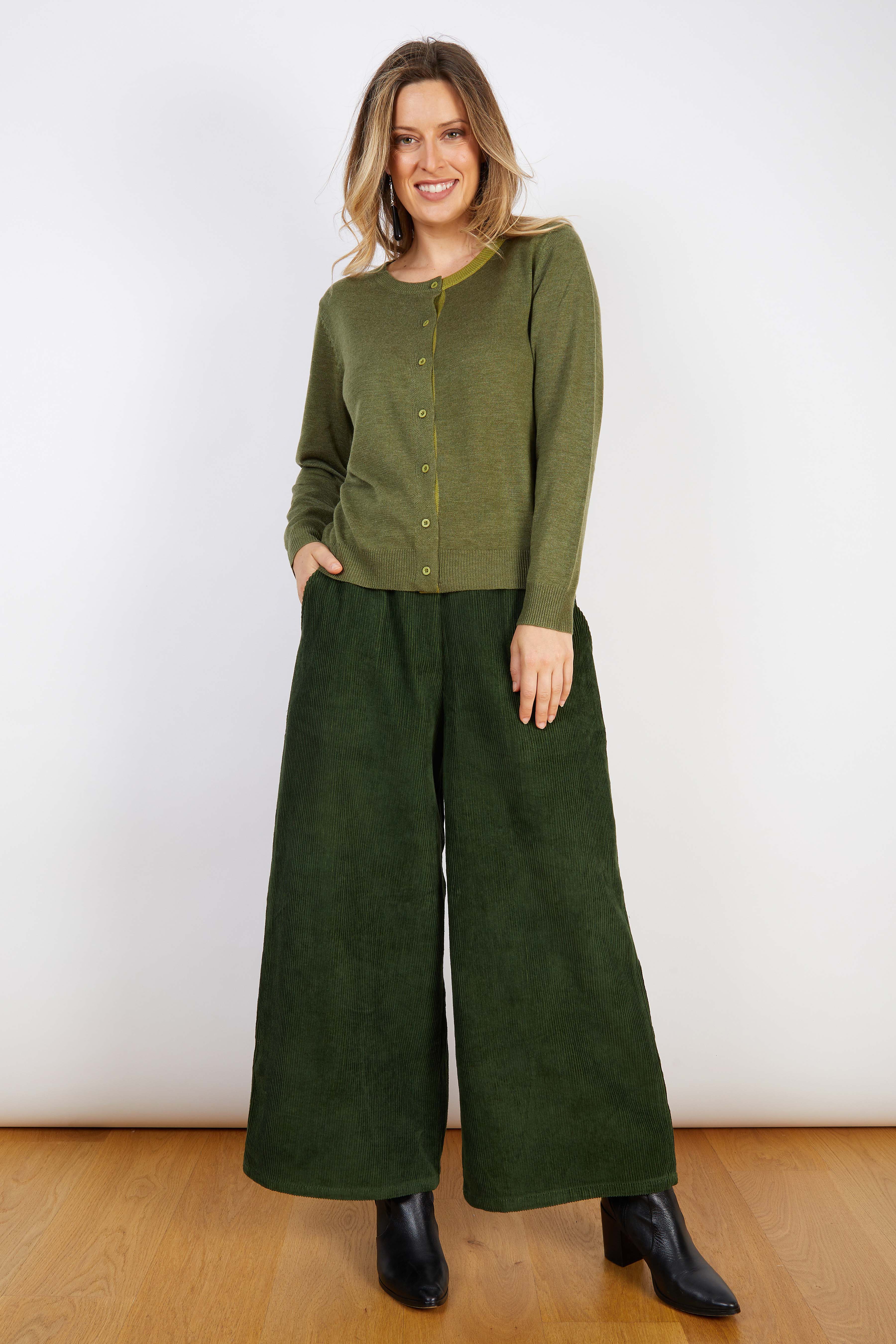 COTTON BLEND CARDIGAN FOREST GREEN WITH LIGHT GREEN TRIM