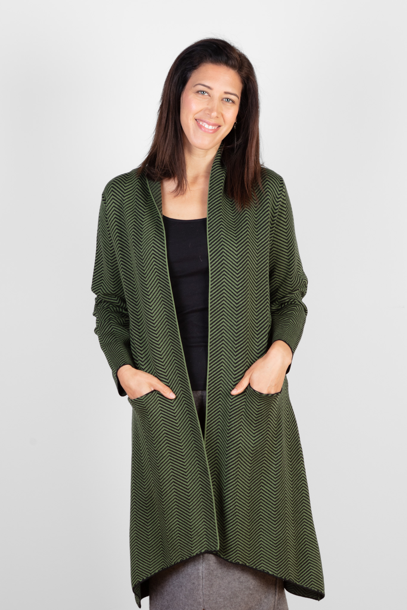 COTTON CASHMERE & VISCOSE BLEND COATIGAN - CHEVRON GREEN