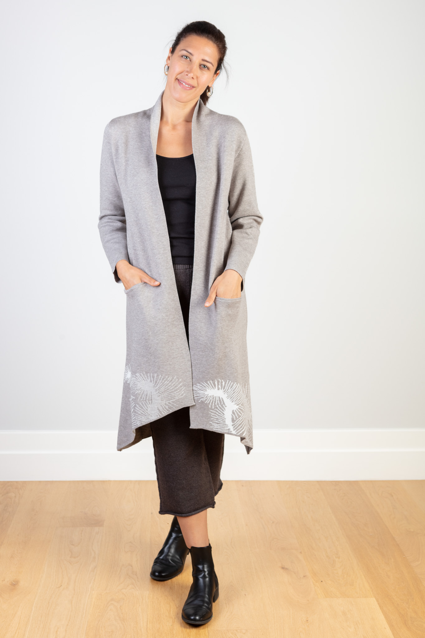 COTTON CASHMERE & VISCOSE BLEND COATIGAN -  GREY W PRINT DETAIL AT BASE