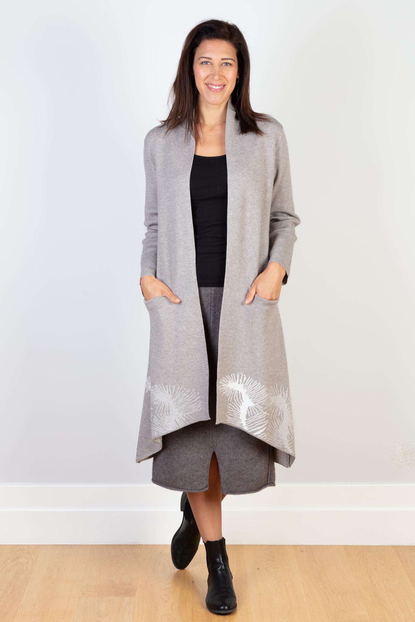 COTTON CASHMERE & VISCOSE BLEND COATIGAN -  GREY W PRINT DETAIL AT BASE