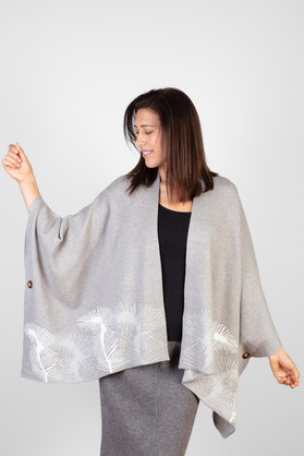 COTTON CASHMERE & VISCOSE BLEND SLEEVED WRAP -  GREY W PRINT DETAIL AT BASE