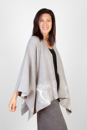COTTON CASHMERE & VISCOSE BLEND SLEEVED WRAP -  GREY W PRINT DETAIL AT BASE