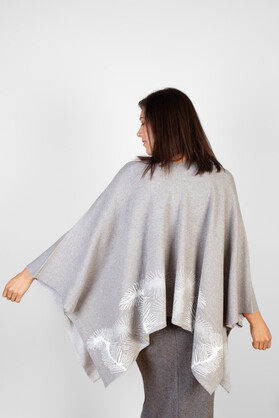 COTTON CASHMERE & VISCOSE BLEND SLEEVED WRAP -  GREY W PRINT DETAIL AT BASE