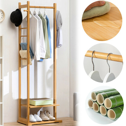 Bamboo Coat Stand Clothes Rack with Garment Shelf, Hanging Rail and Hooks