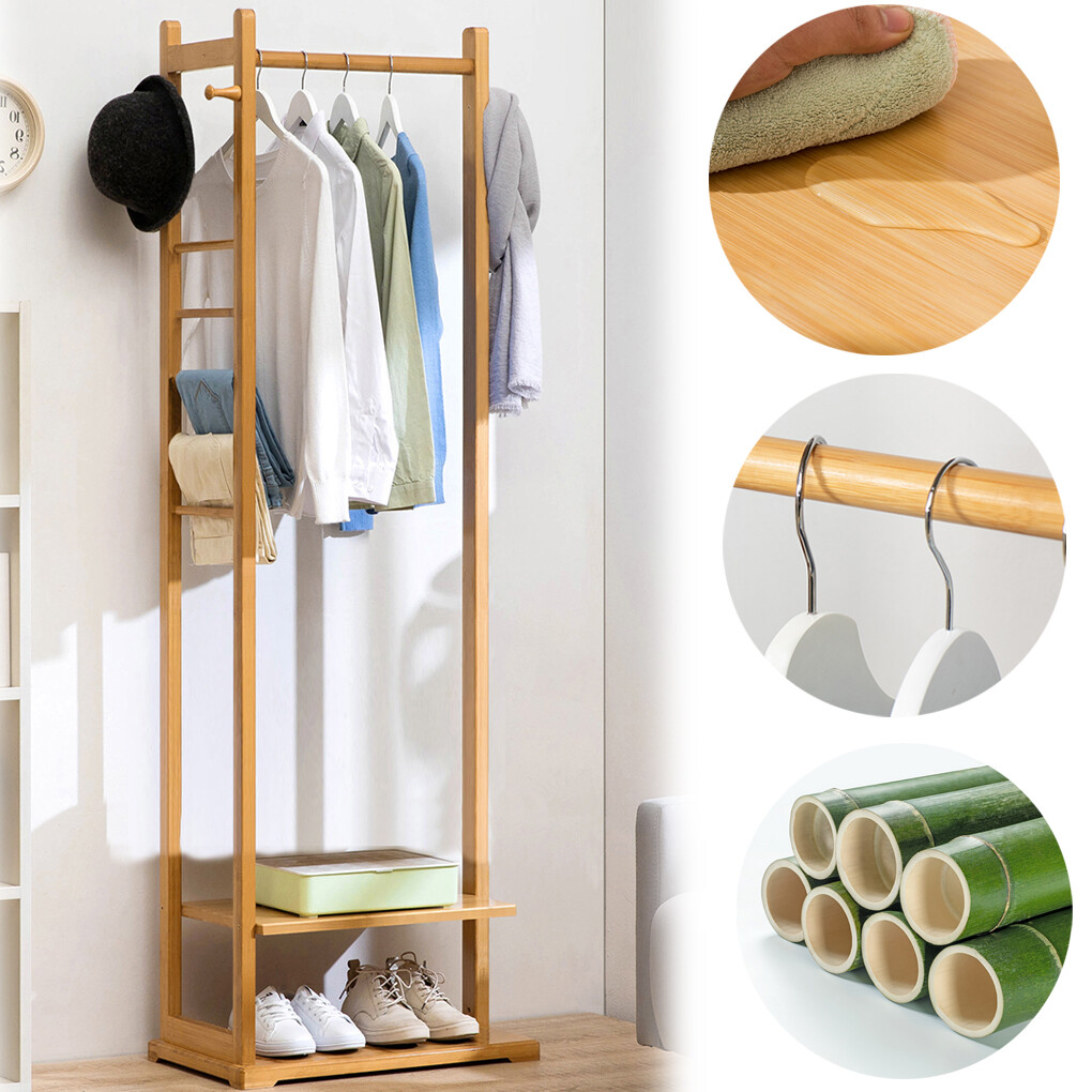 Bamboo Coat Stand Clothes Rack with Garment Shelf, Hanging Rail and Hooks