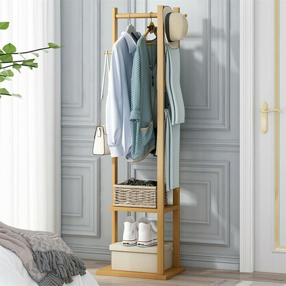 Bamboo Coat Stand Clothes Rack with Garment Shelf, Hanging Rail and Hooks