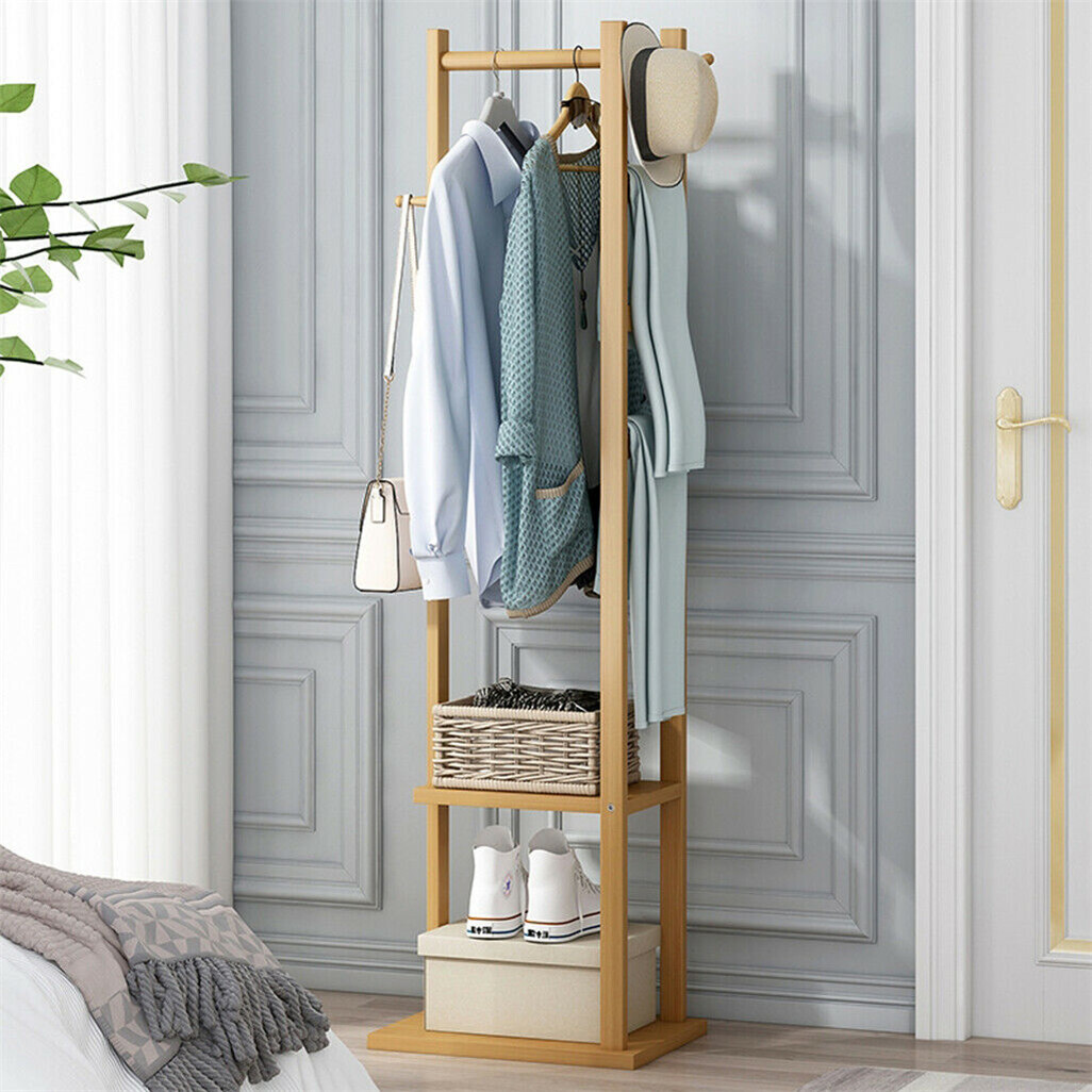Bamboo Coat Stand Clothes Rack with Garment Shelf, Hanging Rail and Hooks