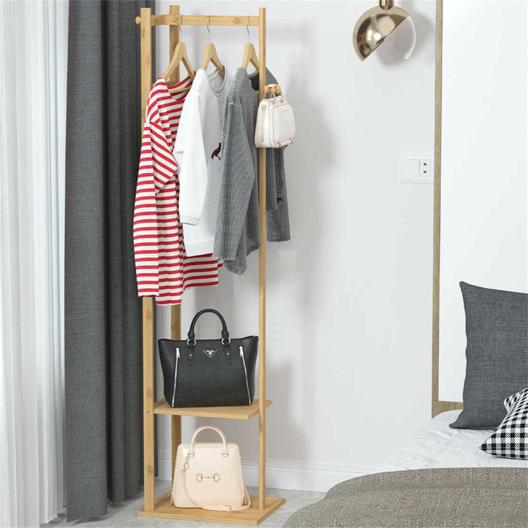 Bamboo Coat Stand Clothes Rack with Garment Shelf, Hanging Rail and Hooks