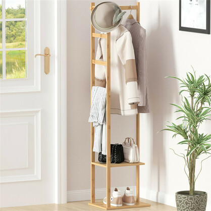Bamboo Coat Stand Clothes Rack with Garment Shelf, Hanging Rail and Hooks