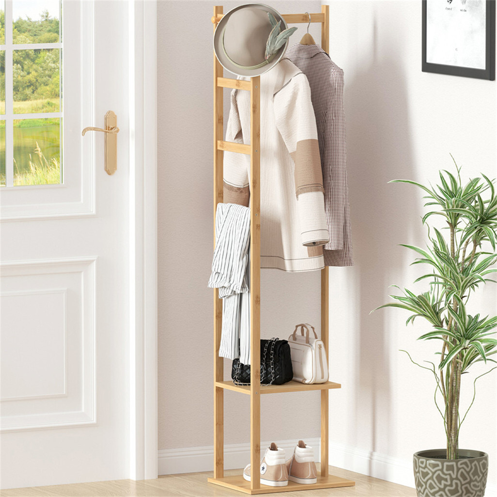 Bamboo Coat Stand Clothes Rack with Garment Shelf, Hanging Rail and Hooks