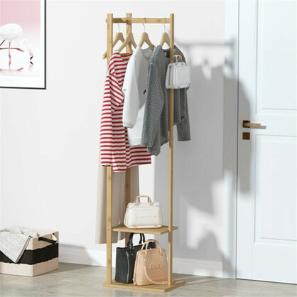 Bamboo Coat Stand Clothes Rack with Garment Shelf, Hanging Rail and Hooks
