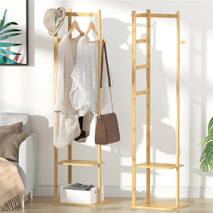 Bamboo Coat Stand Clothes Rack with Garment Shelf, Hanging Rail and Hooks