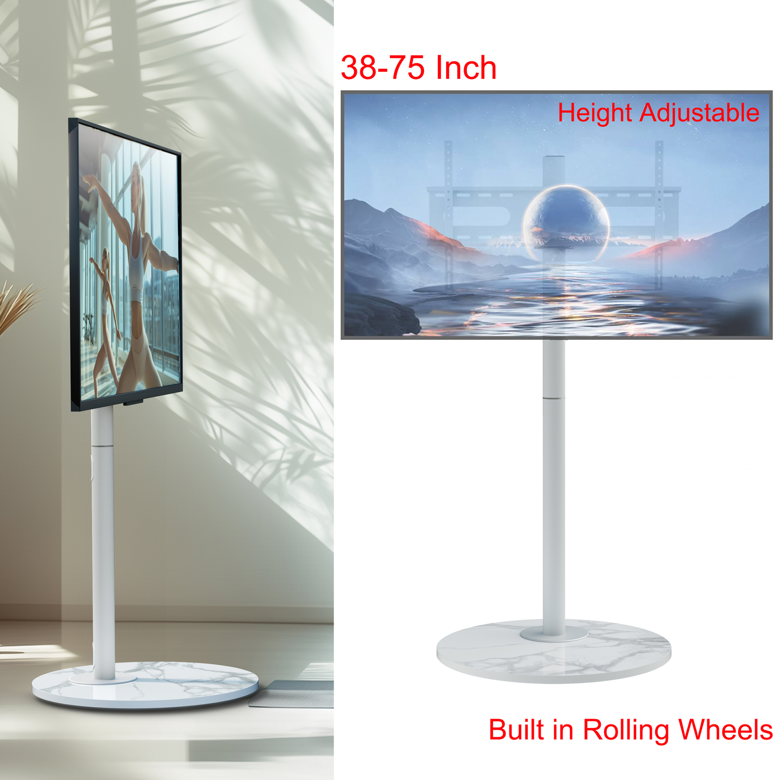 Minimalist Marble Textured Floor Tv Stand 40"-75" Strong Steel Tv Bracket Stable