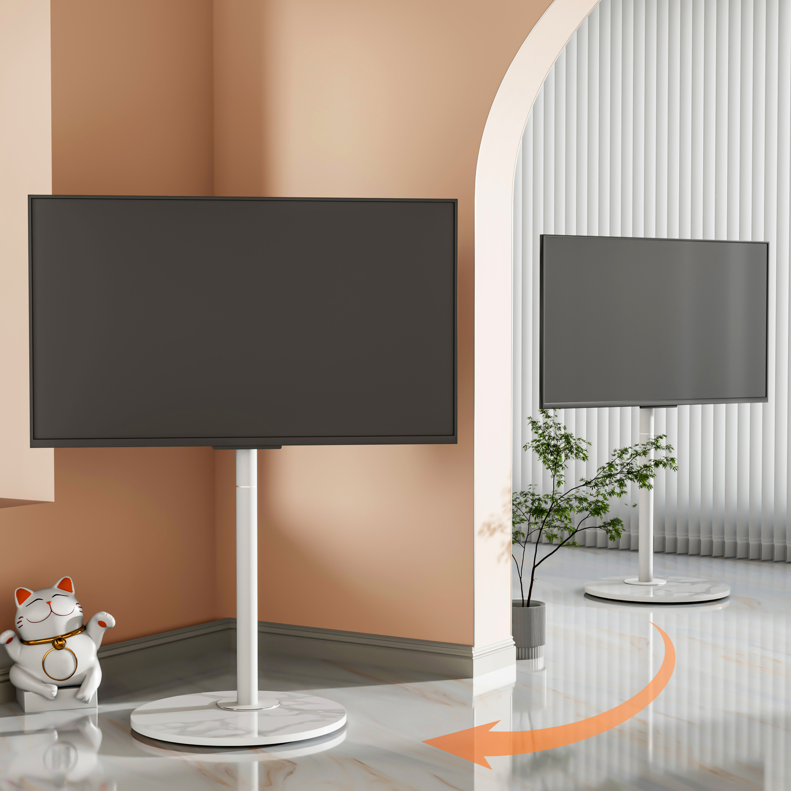 Minimalist Marble Textured Floor Tv Stand 40"-75" Strong Steel Tv Bracket Stable