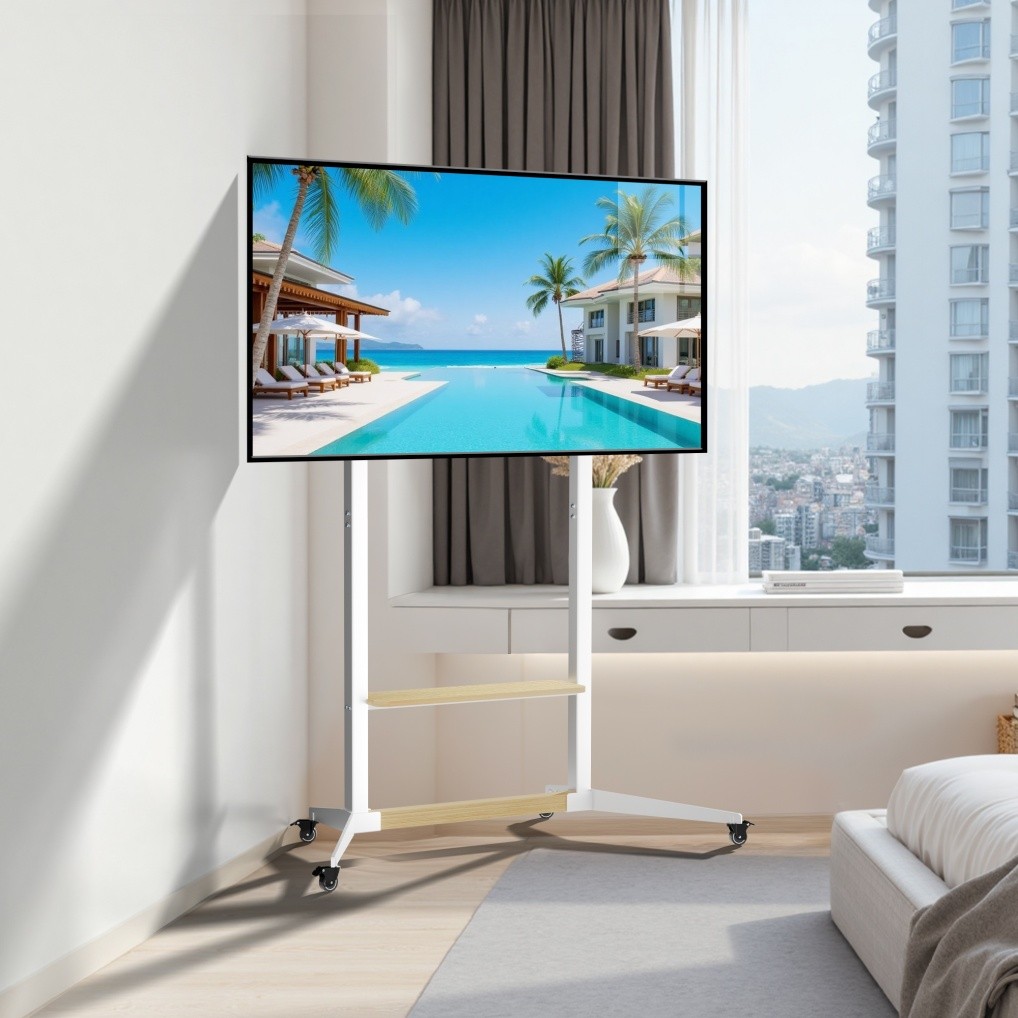 Height Adjustable Steel TV Stand on Wheels - Heavy Duty Mobile Floor Mount Cart for 40" 100 Inch TVs, 100kg Capacity