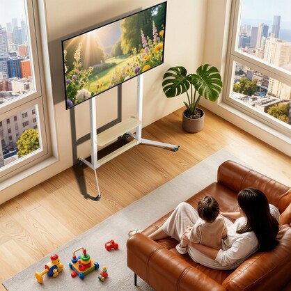 Height Adjustable Steel TV Stand on Wheels - Heavy Duty Mobile Floor Mount Cart for 40" 100 Inch TVs, 100kg Capacity