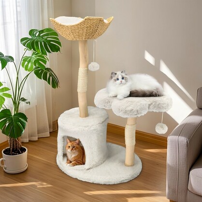 Natural Wood White Cat Tree Tower with Basket, Condo and Sisal Scratching Posts