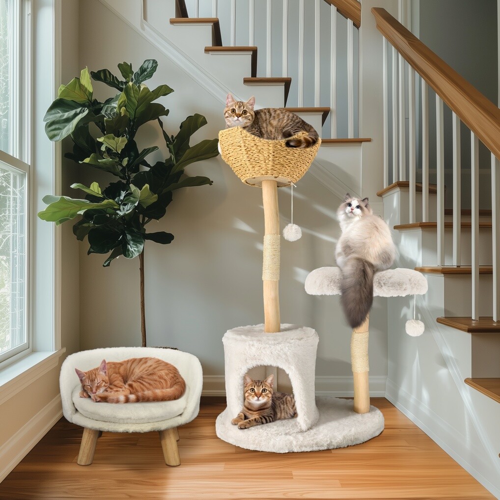 Natural Wood White Cat Tree Tower with Basket, Condo and Sisal Scratching Posts