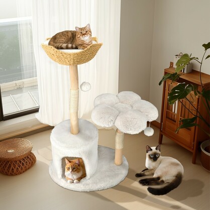 Natural Wood White Cat Tree Tower with Basket, Condo and Sisal Scratching Posts