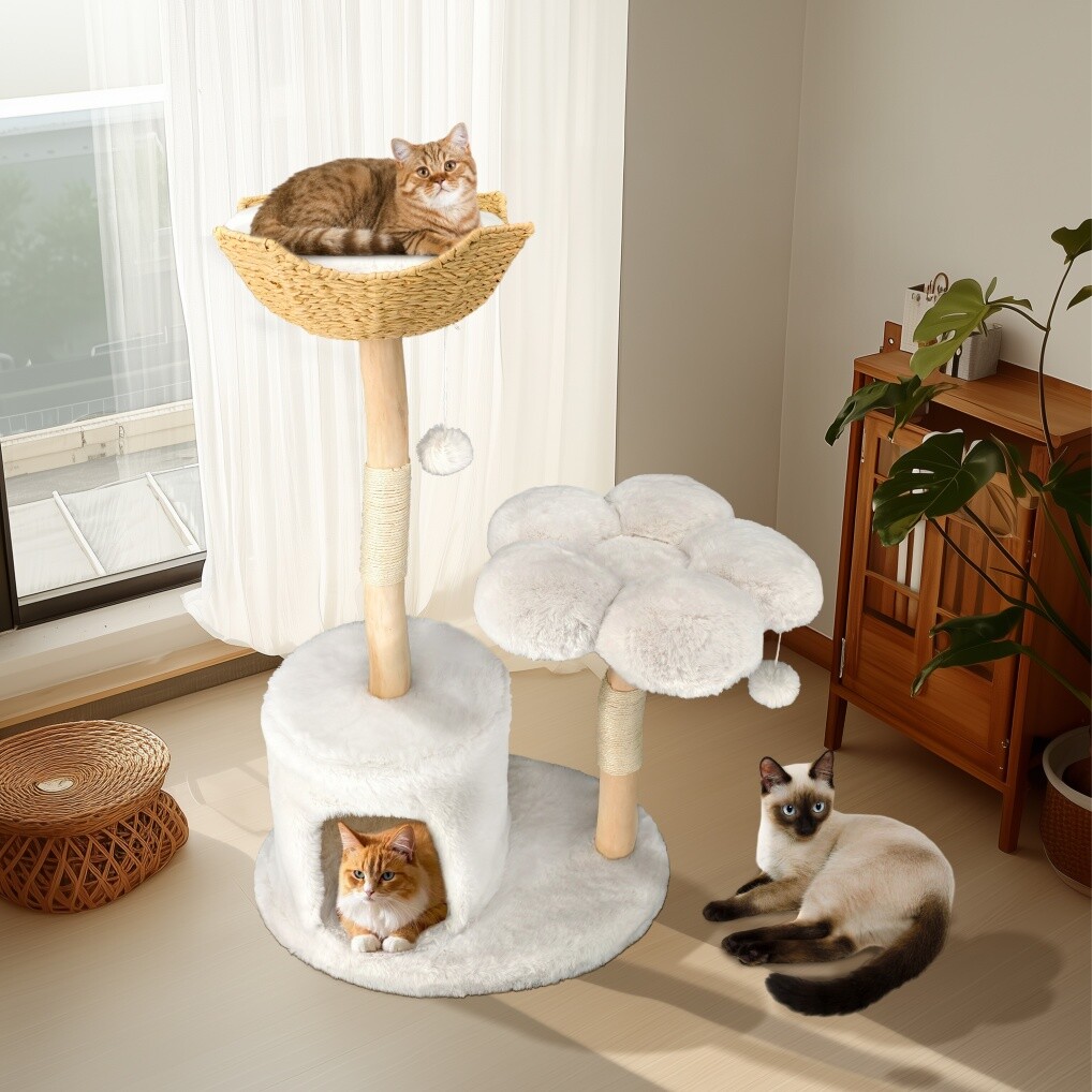 Natural Wood White Cat Tree Tower with Basket, Condo and Sisal Scratching Posts
