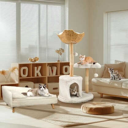 Natural Wood White Cat Tree Tower with Basket, Condo and Sisal Scratching Posts