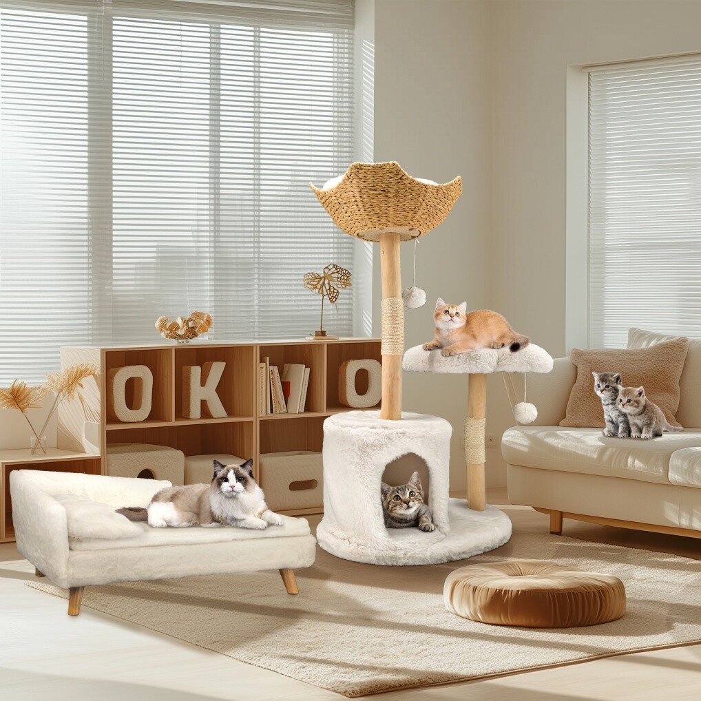 Natural Wood White Cat Tree Tower with Basket, Condo and Sisal Scratching Posts