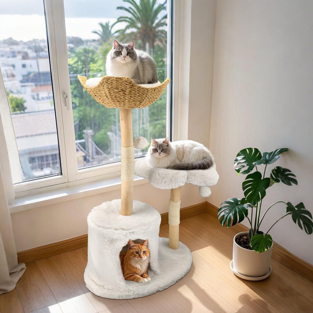 Natural Wood White Cat Tree Tower with Basket, Condo and Sisal Scratching Posts