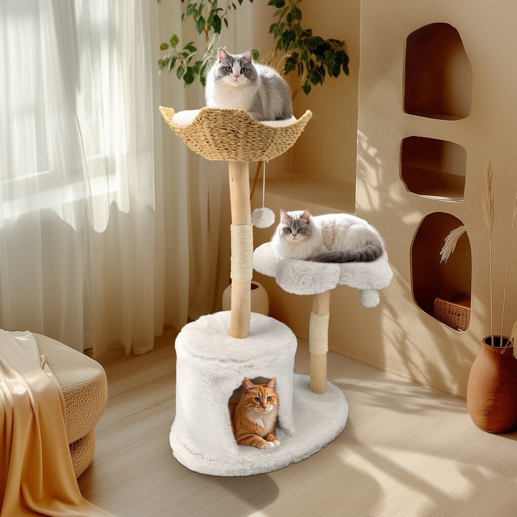 Natural Wood White Cat Tree Tower with Basket, Condo and Sisal Scratching Posts