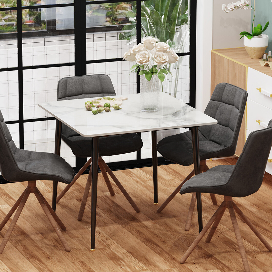 Glossy White Sintered Stone Dining Table With Black Metal Base Frame