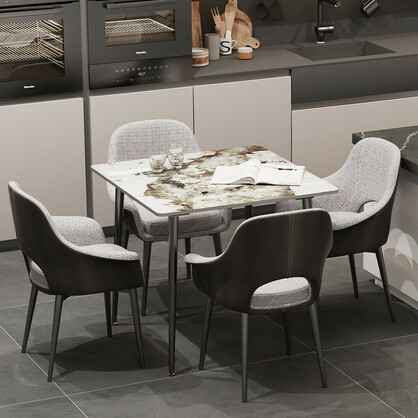 Glossy White Sintered Stone Dining Table With Black Metal Base Frame