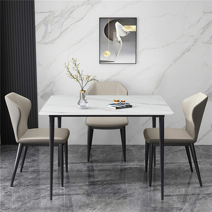 Glossy White Sintered Stone Dining Table With Black Metal Base Frame