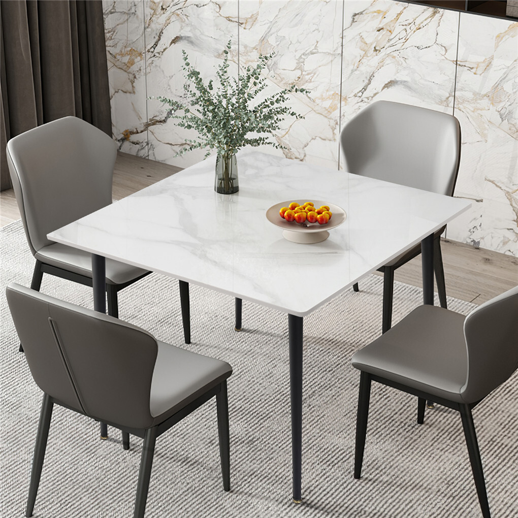 Glossy White Sintered Stone Dining Table With Black Metal Base Frame