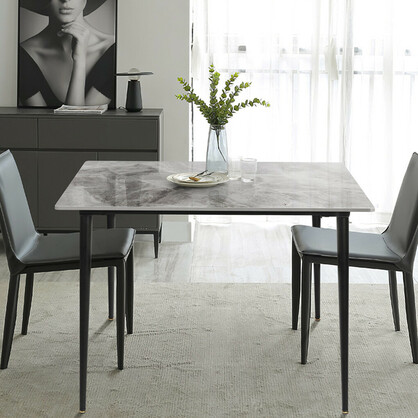 Glossy White Sintered Stone Dining Table With Black Metal Base Frame
