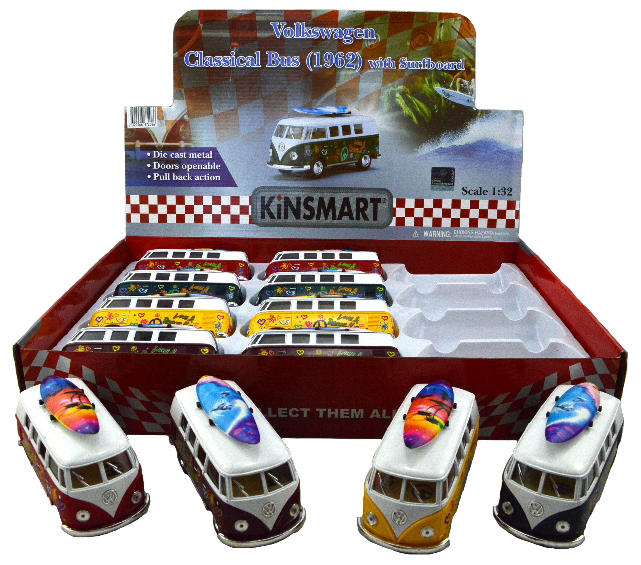 13cm Diecast VW Kombi Bus with Surfboard