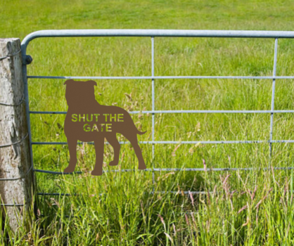 Staffy Dog- Shut the Gate - Garden Art Decoration - Rusty Metal Garden Art - Outdoor Ornament - Welcome Sign - Gift for Dog Owner