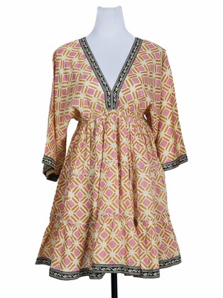 Geometrical Screen-Printed V-neckline Cotton Short Dress – geometrical-screen-printed-v-neckline-cotton-short-dress
