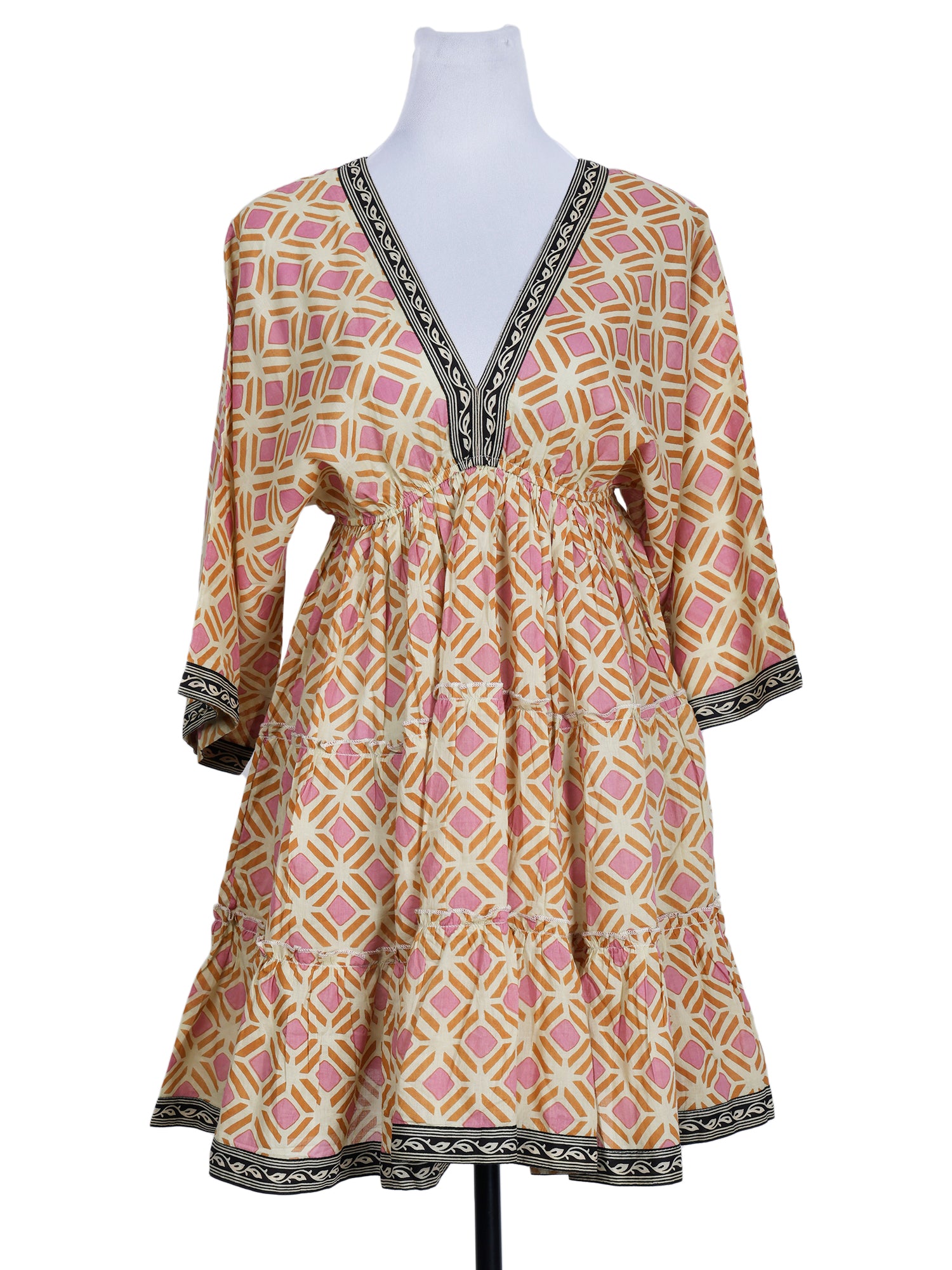 Geometrical Screen-Printed V-neckline Cotton Short Dress – geometrical-screen-printed-v-neckline-cotton-short-dress